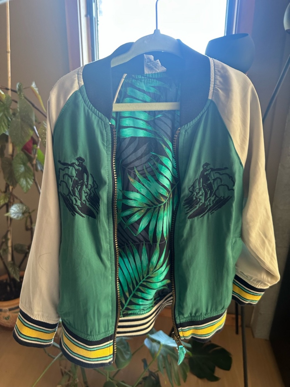 Green and White 4T Girls Bomber Jacket with Tropical Lining